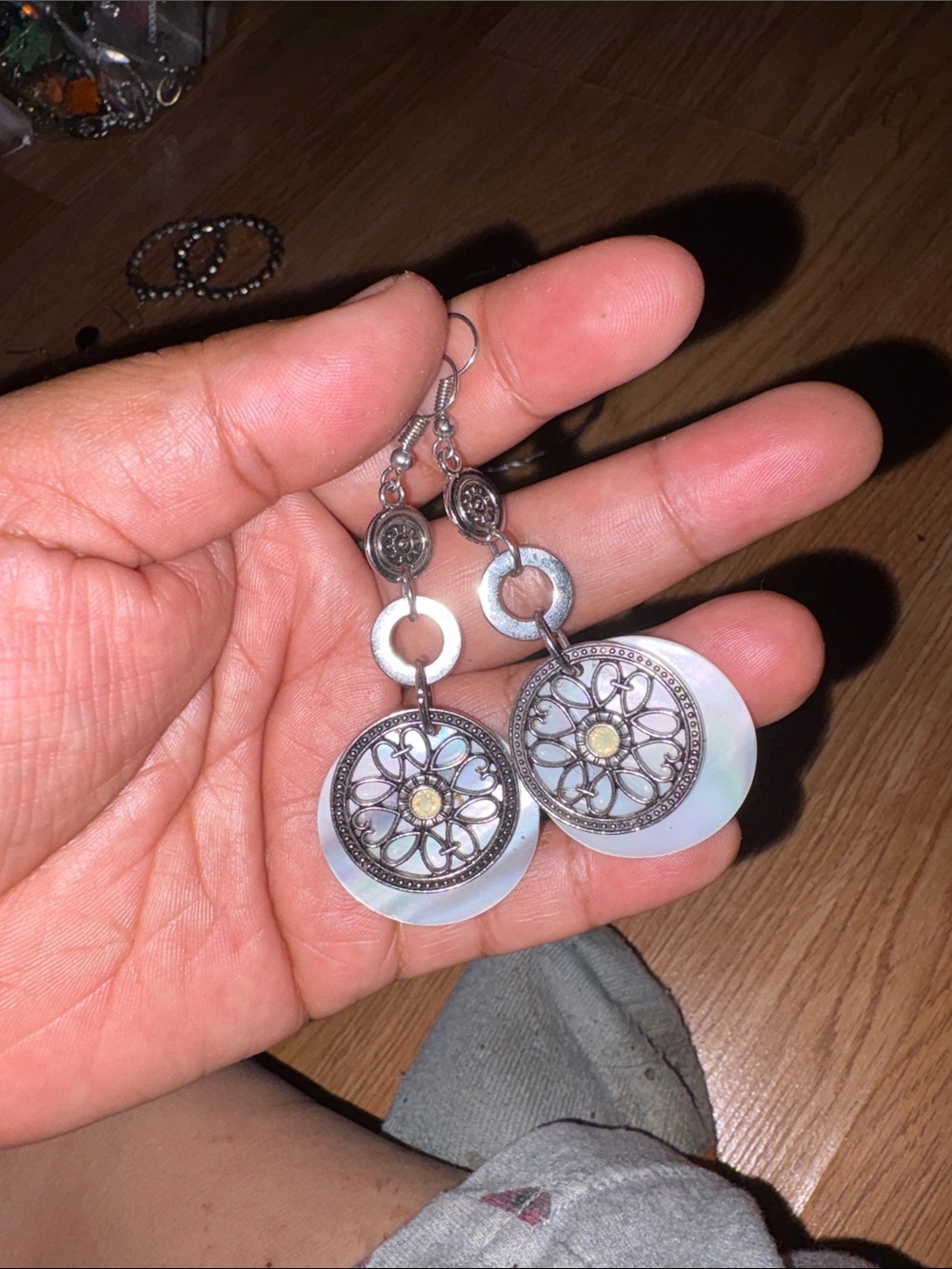 Silver-Tone Floral Disc Drop Earrings with Mother-of-Pearl Accent